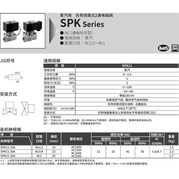 CKD喜開理蒸汽用先導突跳式2通電磁閥SPK11-15A-C4A-AC100V
