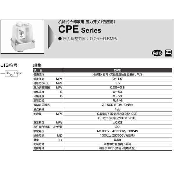 CKD喜開理冷卻液用壓力開關CPE-8-BG-3